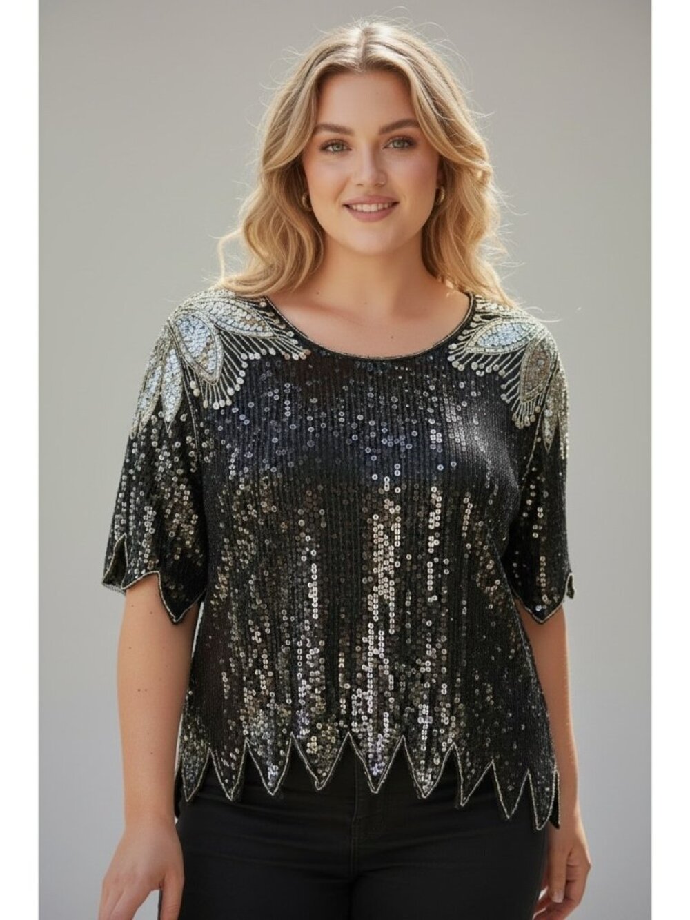NOS Vintage 80s Royal Feelings Black Silk Sequin Beaded Top 1X NWT Art Deco